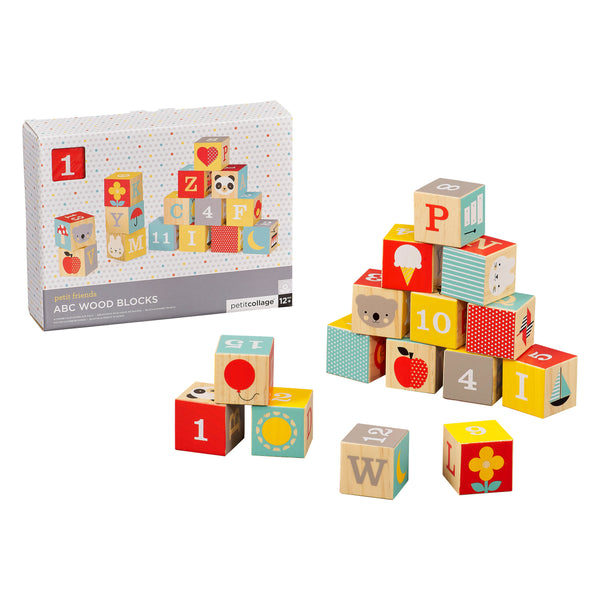 A set of colorful Petit Collage ABC Wooden Alphabet Blocks featuring letters, numbers, and pictures is stacked beside its boxed packaging.