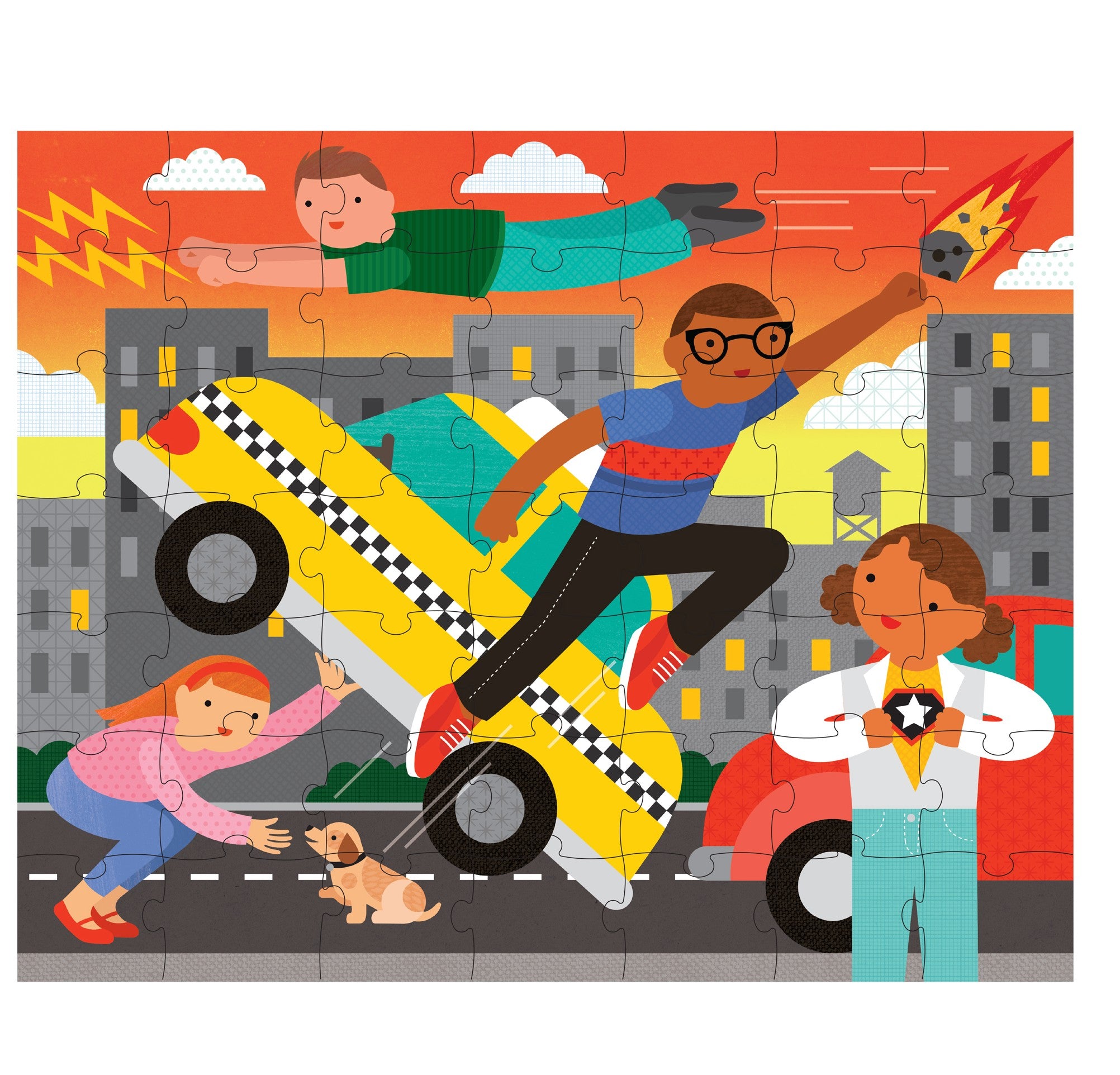 The Two Sided Superheroes On-the-Go Puzzle by Petit Collage features an animated city scene with three superheroes using powers, a woman rescuing a dog near a raised taxi, and city buildings in the background.