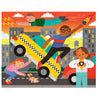 The Two Sided Superheroes On-the-Go Puzzle by Petit Collage features an animated city scene with three superheroes using powers, a woman rescuing a dog near a raised taxi, and city buildings in the background.