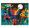 Four children dressed as superheroes soar above a city at night with a full moon, as seen on the Petit Collage Two Sided Superheroes On-the-Go Puzzle.