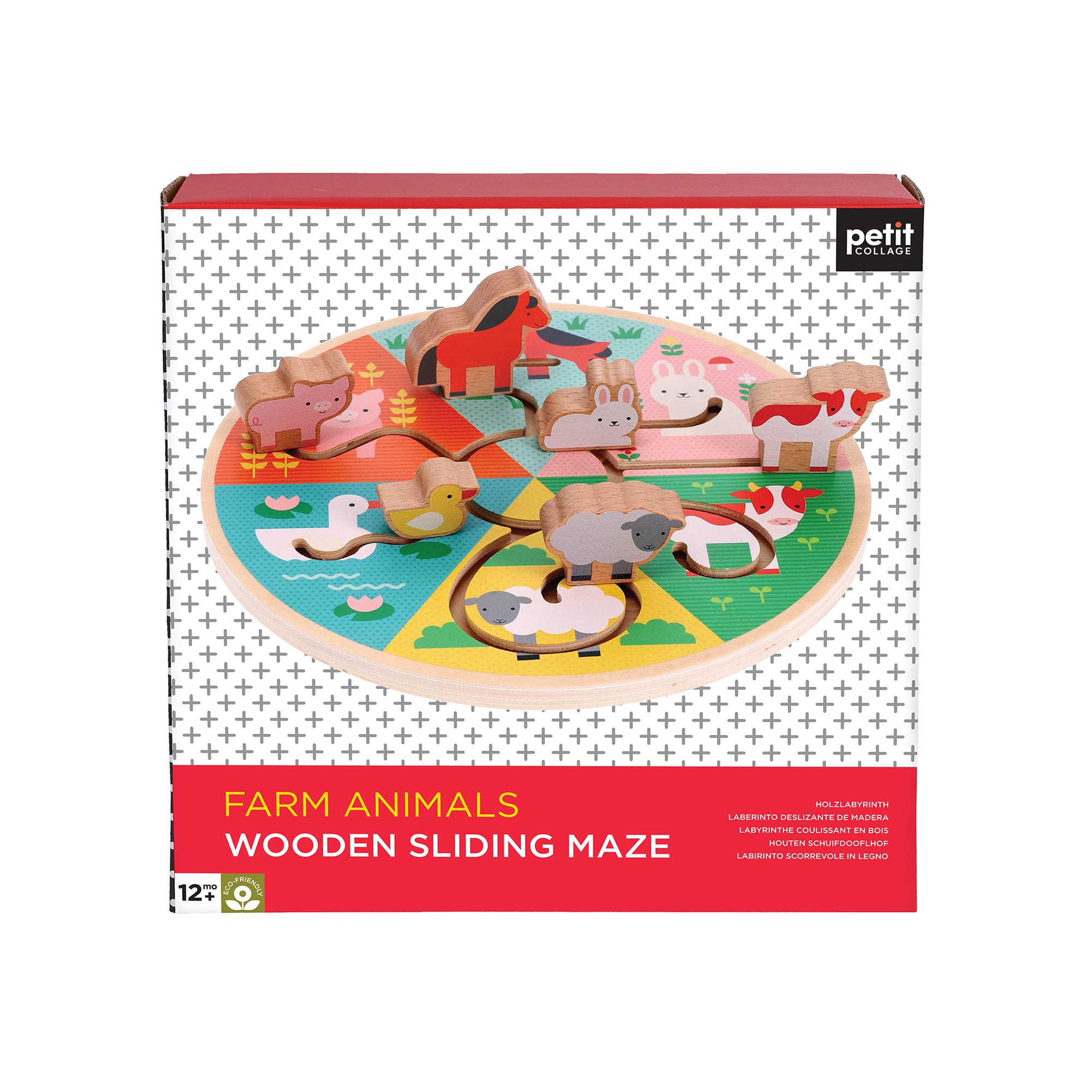 Petit Collages Farm Animals Wooden Sliding Maze features wooden farm animal figures on a circular maze board, designed for children aged 12 months and up.