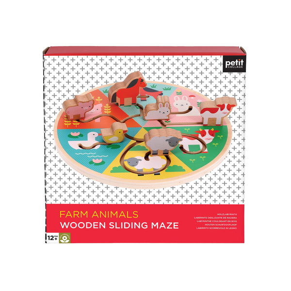 Petit Collages Farm Animals Wooden Sliding Maze features wooden farm animal figures on a circular maze board, designed for children aged 12 months and up.