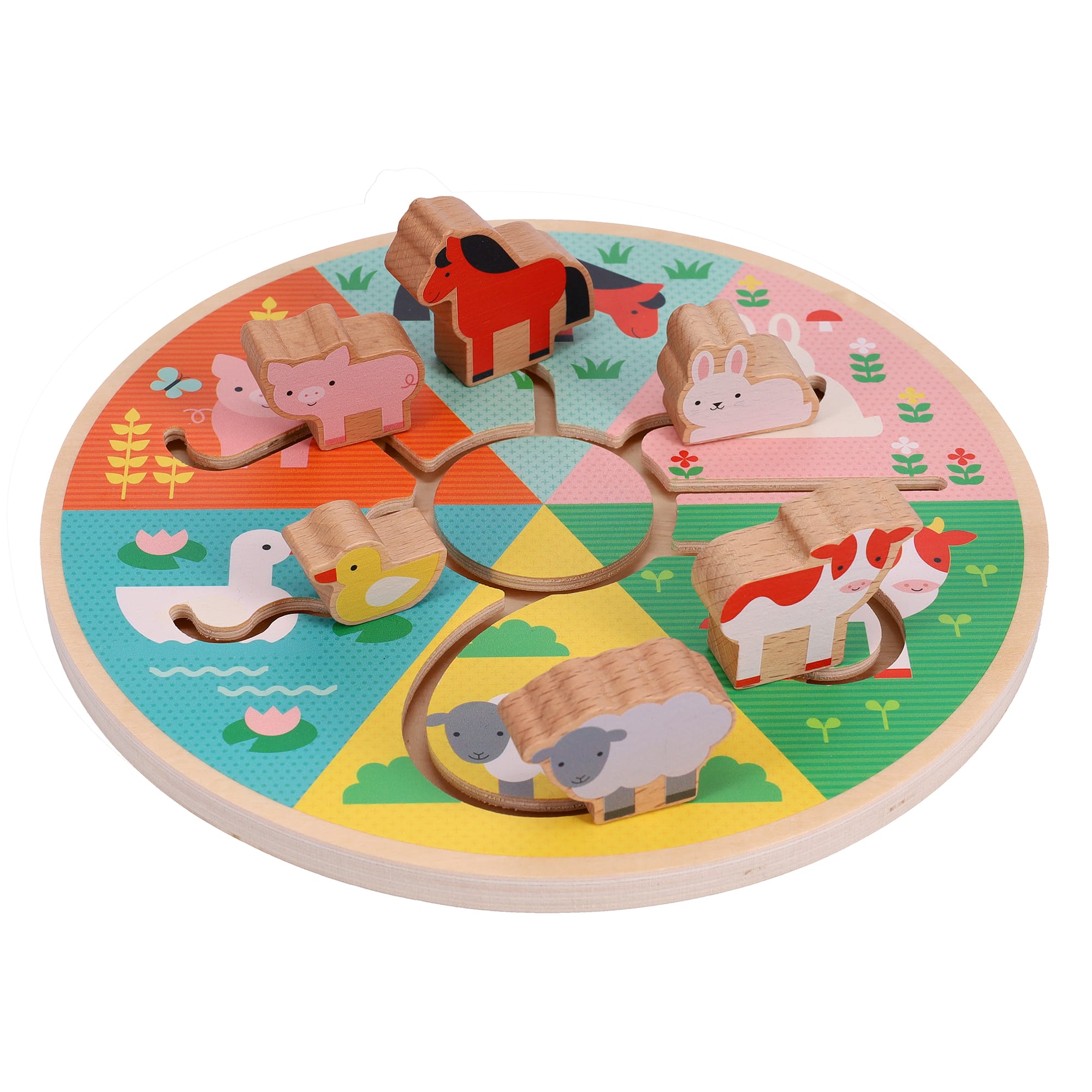 The Petit Collage Farm Animals Wooden Sliding Maze features painted pig, horse, rabbit, duck, cow, and sheep pieces that slide to match their illustrated spots on a circular board.