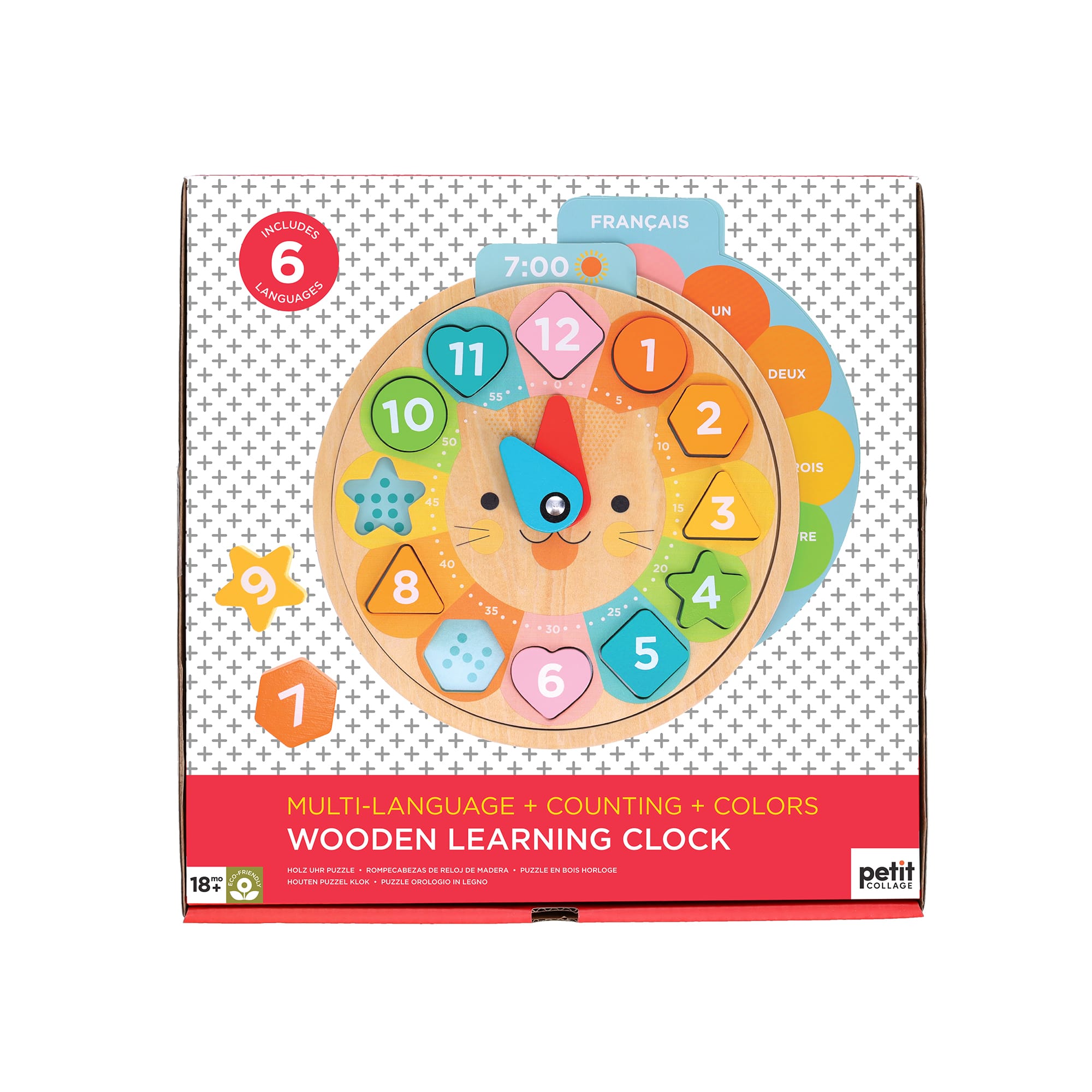 The Petit Collage Multi-Language + Counting + Colors Wooden Learning Clock helps children learn to tell time, count, and recognize colors and shapes in several languages.