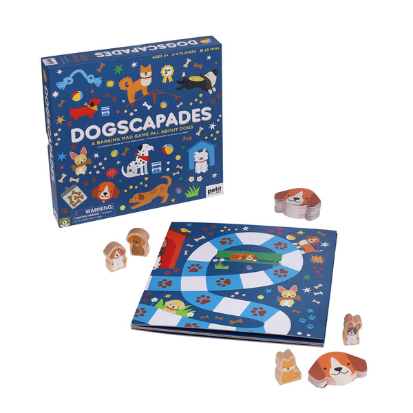 Dogscapades: A Barking Mad Game All About Dogs by Petit Collage includes a box, game board, and various dog-shaped playing pieces arranged around it.