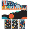 The Petit Collage Space Discovery Sticker Activity Set features illustrations and stickers of astronauts, rockets, planets, and space equipment for creative play.