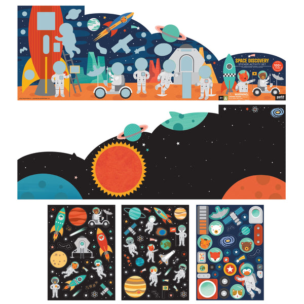 The Petit Collage Space Discovery Sticker Activity Set features illustrations and stickers of astronauts, rockets, planets, and space equipment for creative play.