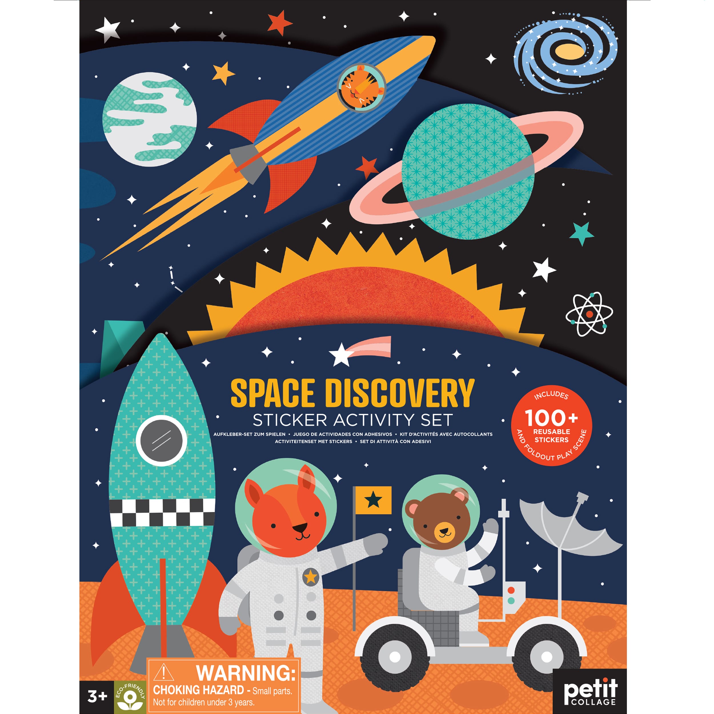 The Petit Collage Space Discovery Sticker Activity Set cover features animals as astronauts, a rocket, planets, stars, and a space rover.