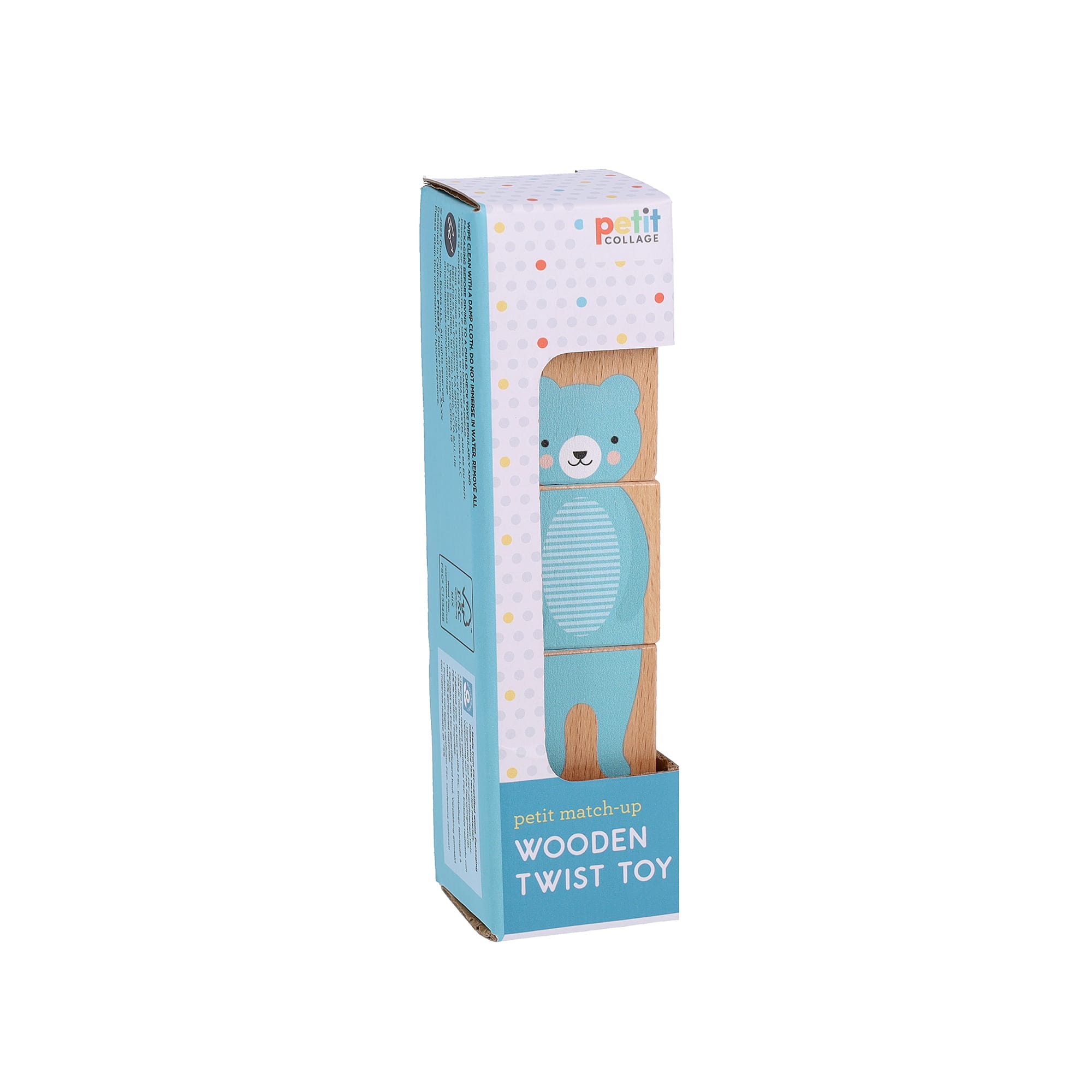 A rectangular box containing the Petit Collage Petit Match-up Wooden Twist Toy, featuring an illustration of a blue bear on the front.