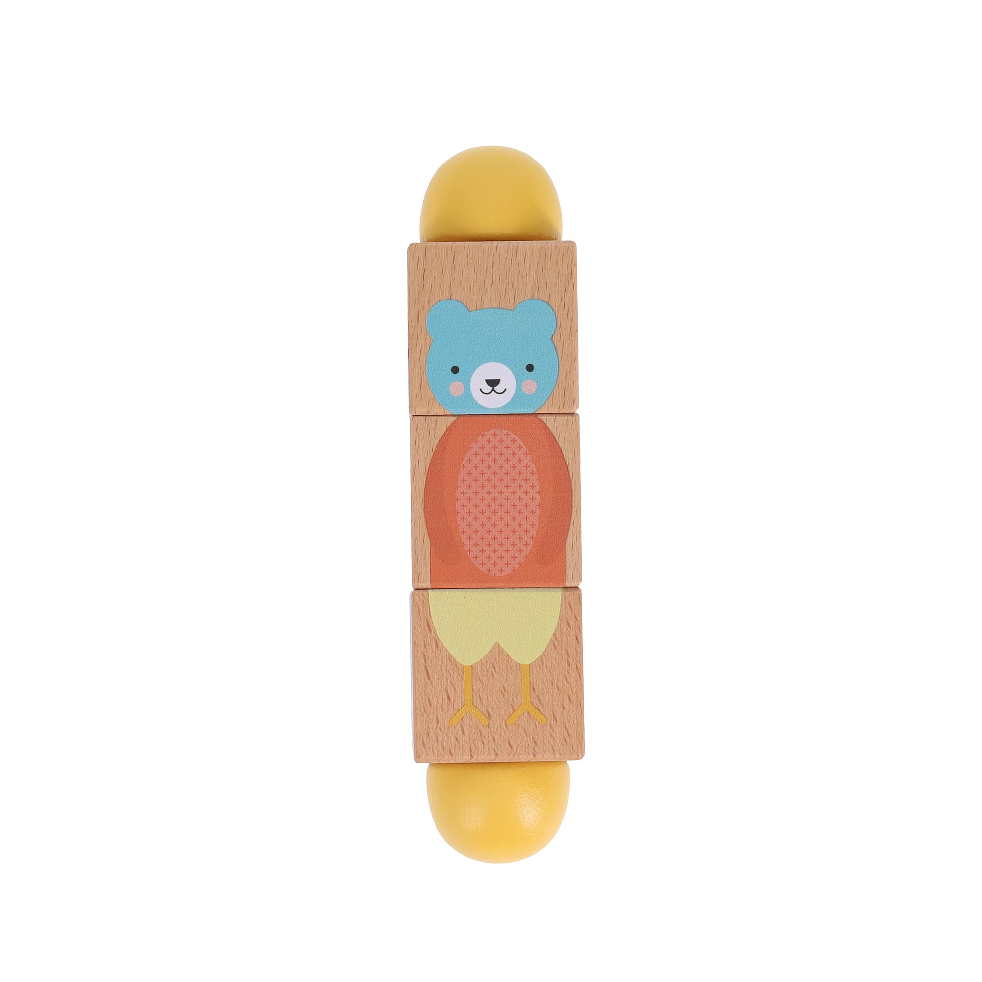 The Petit Match-up Wooden Twist Toy by Petit Collage features three square blocks and two rounded yellow ends, with a bear illustration showing a blue head and orange body.