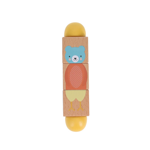 The Petit Match-up Wooden Twist Toy by Petit Collage features three square blocks and two rounded yellow ends, with a bear illustration showing a blue head and orange body.