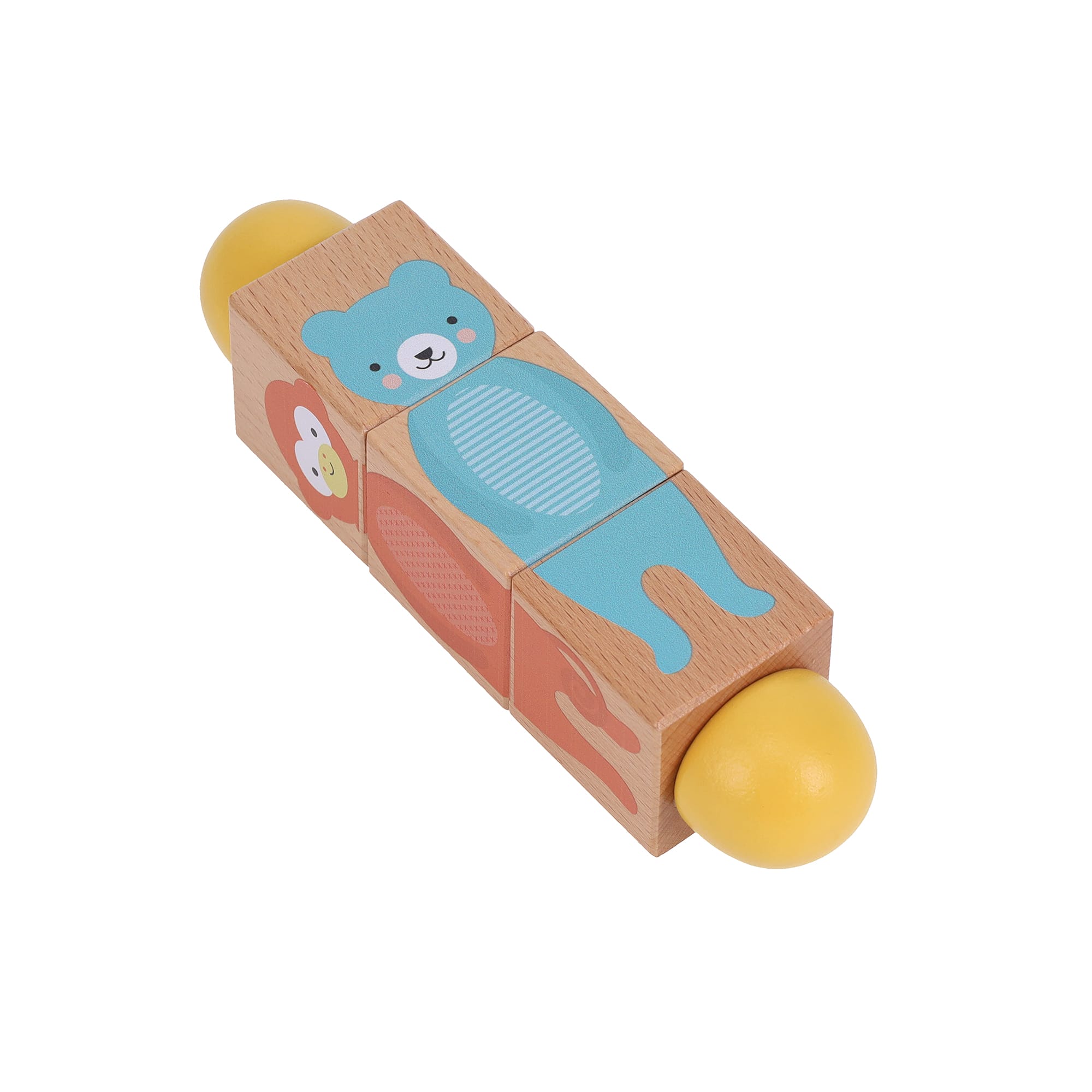 The Petit Collage Petit Match-up Wooden Twist Toy features a blue bear illustration assembled from three square blocks with yellow semicircular ends, displayed on a white background.