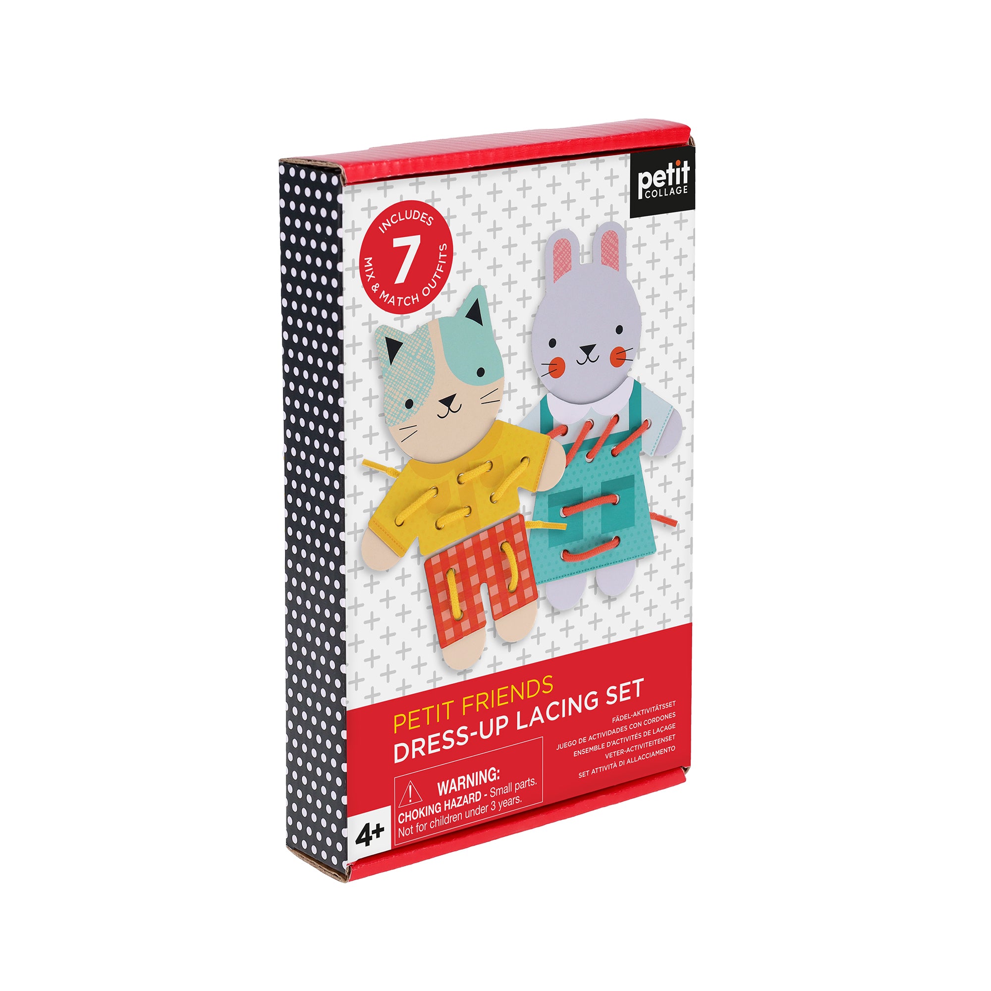 Petit Collages Petit Friends Dress-Up Lacing Set includes cat and rabbit characters with clothing pieces, ideal for ages 4+.
