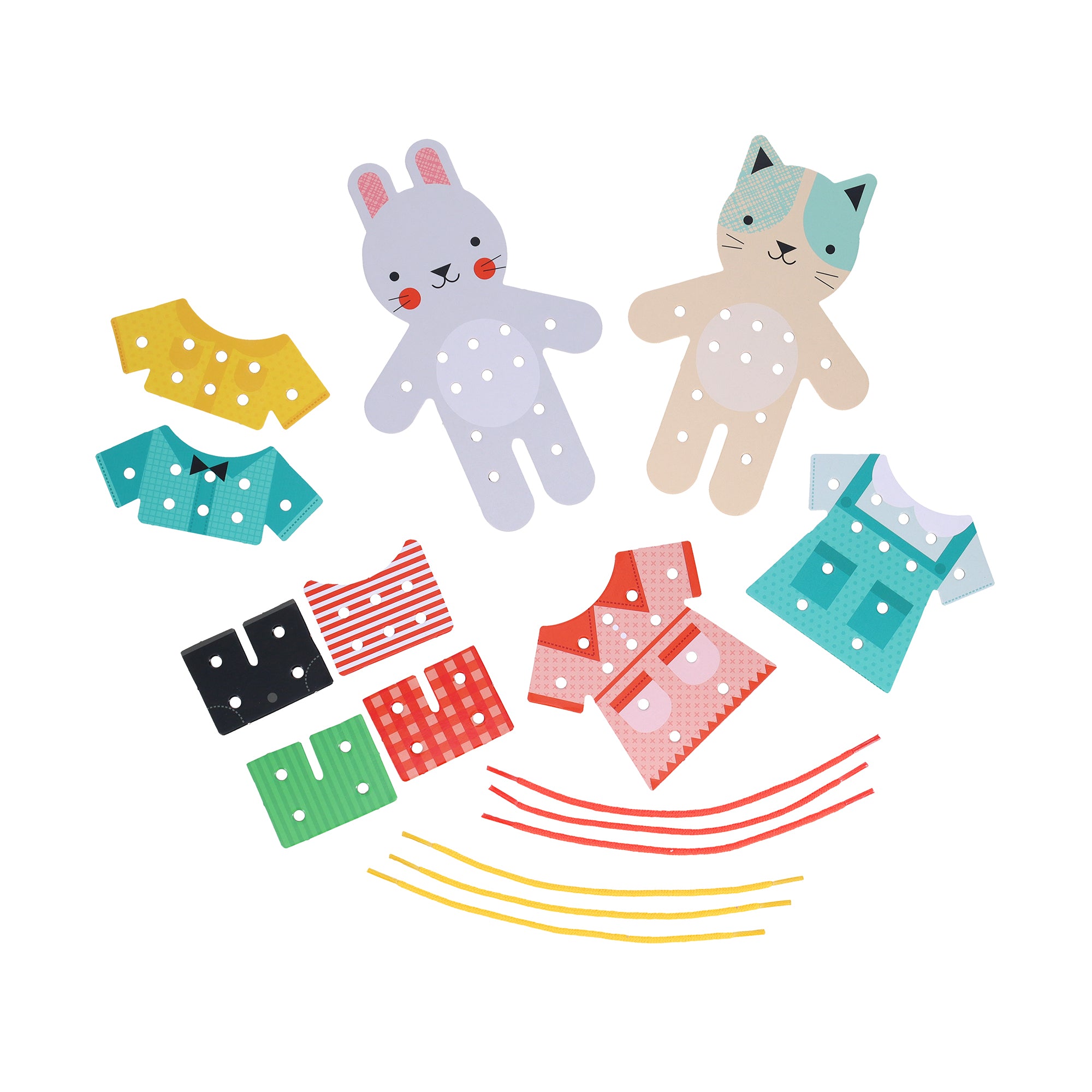 The Petit Collage Petit Friends Dress-Up Lacing Set features rabbit and cat cutouts, six patterned outfits, and yellow and red laces all displayed on a white background.