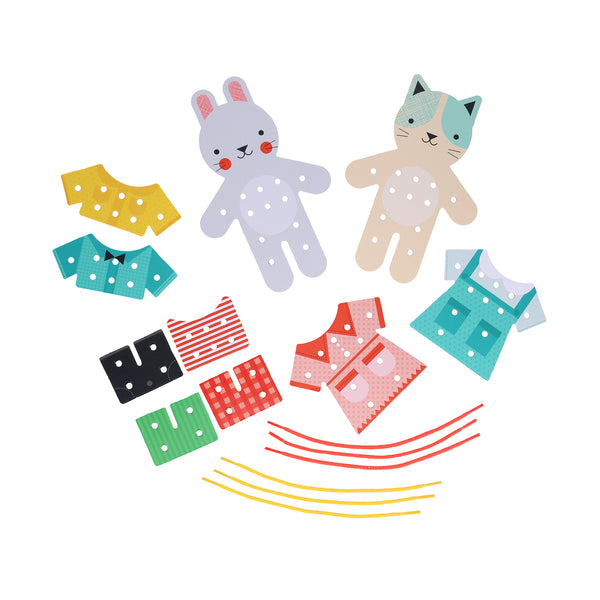 The Petit Collage Petit Friends Dress-Up Lacing Set features rabbit and cat cutouts, six patterned outfits, and yellow and red laces all displayed on a white background.