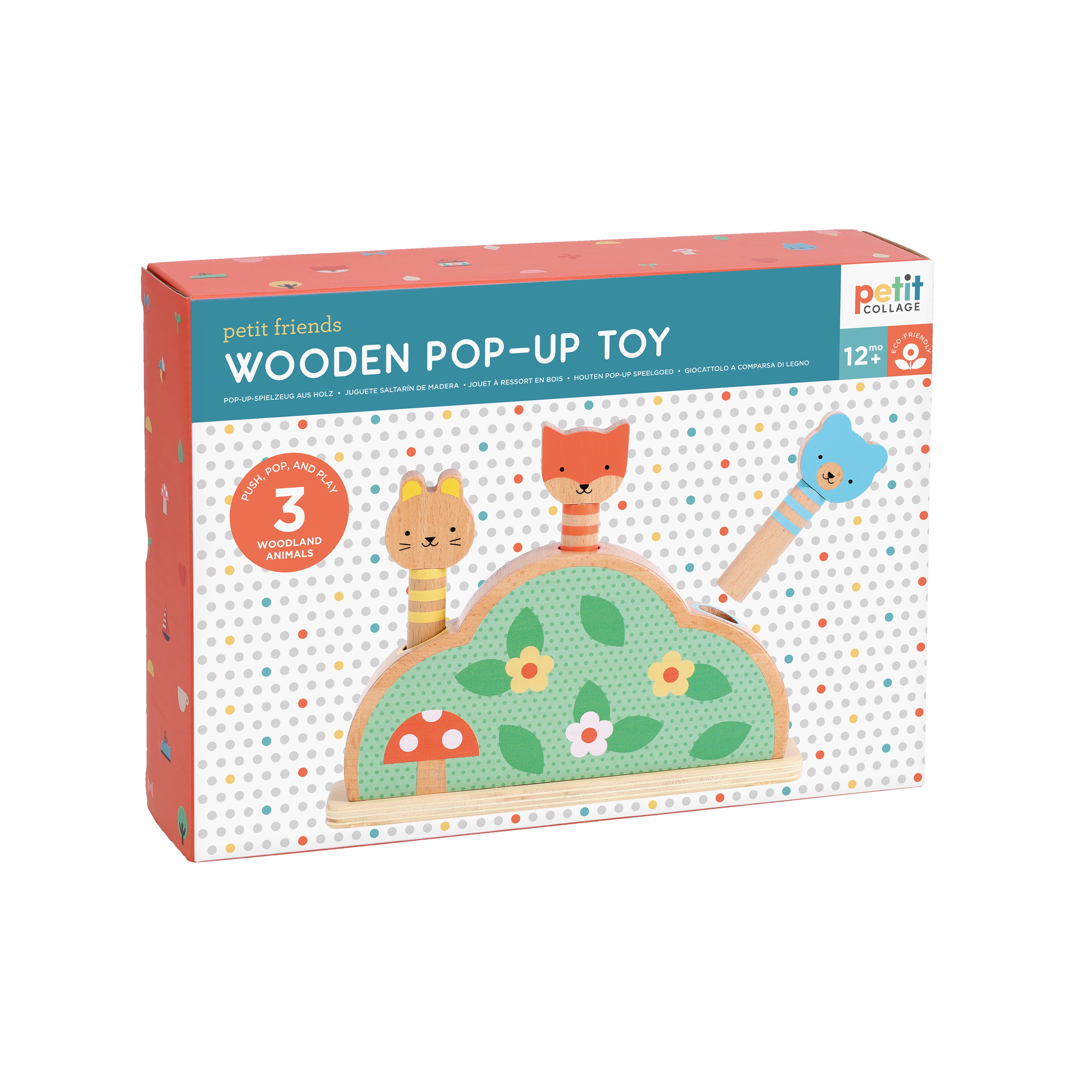 Box of Petit Collage Petit Friends Wooden Pop-Up Toy with three woodland animal figures on a polka dot background, suitable for ages 12 months and up.