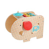 The Petit Collage Wooden 5-in-1 Elephant Music Toy features a colorful xylophone, spinning blue disk, red ear flap, and patterned body with a small blue elephant illustration.