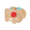 The Petit Collage Wooden 5-in-1 Elephant Music Toy features a red ear, colorful xylophone keys, blue cymbal, and cut-out shapes on its body.