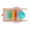 Top view of the Petit Collage Wooden 5-in-1 Elephant Music Toy featuring four colorful xylophone bars and a blue circular cymbal.