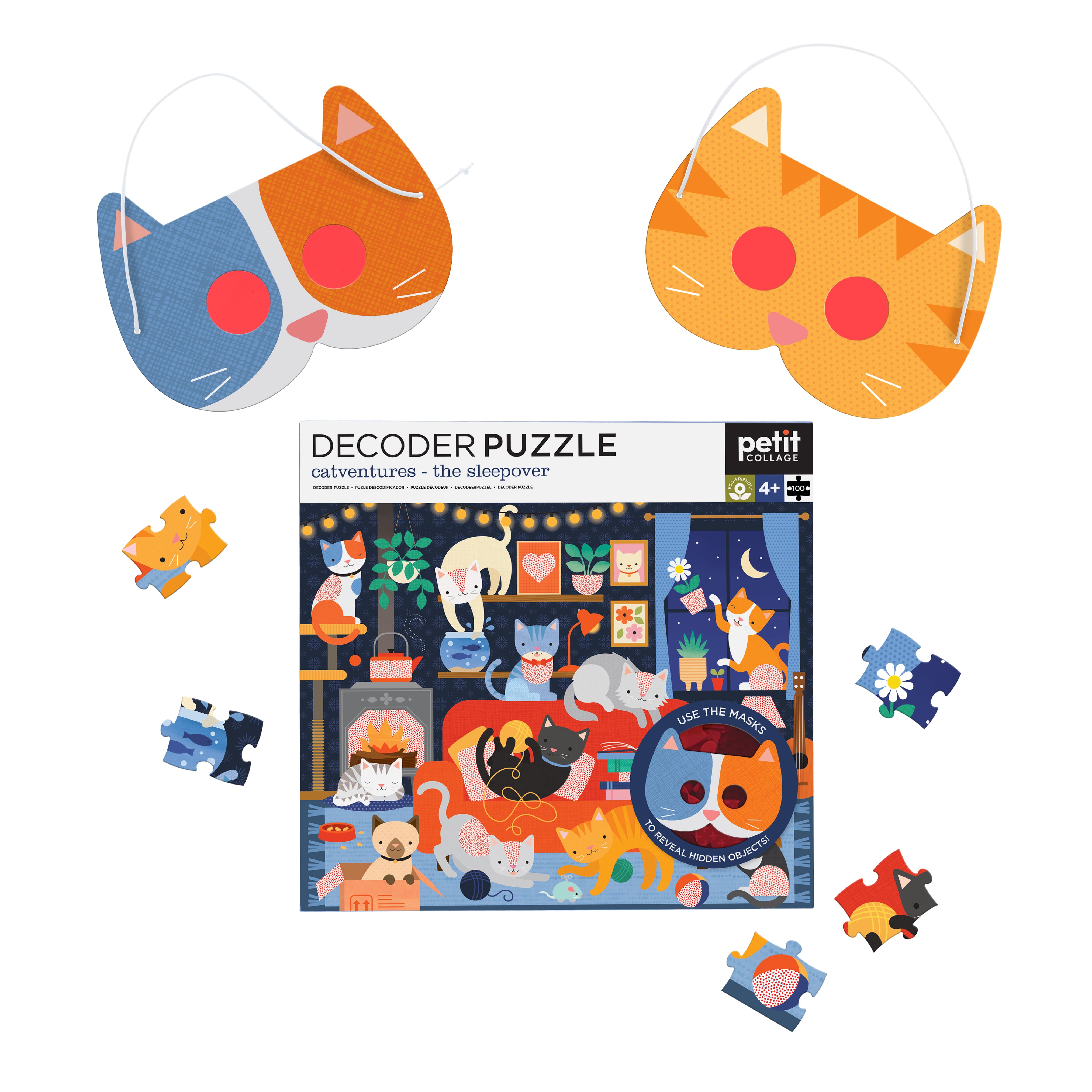 Petit Collage’s Catventures - The Sleepover: 100-Piece Decoder Puzzle is a children’s cat-themed set that includes a box, two cat face masks, and puzzle pieces arranged around the box.