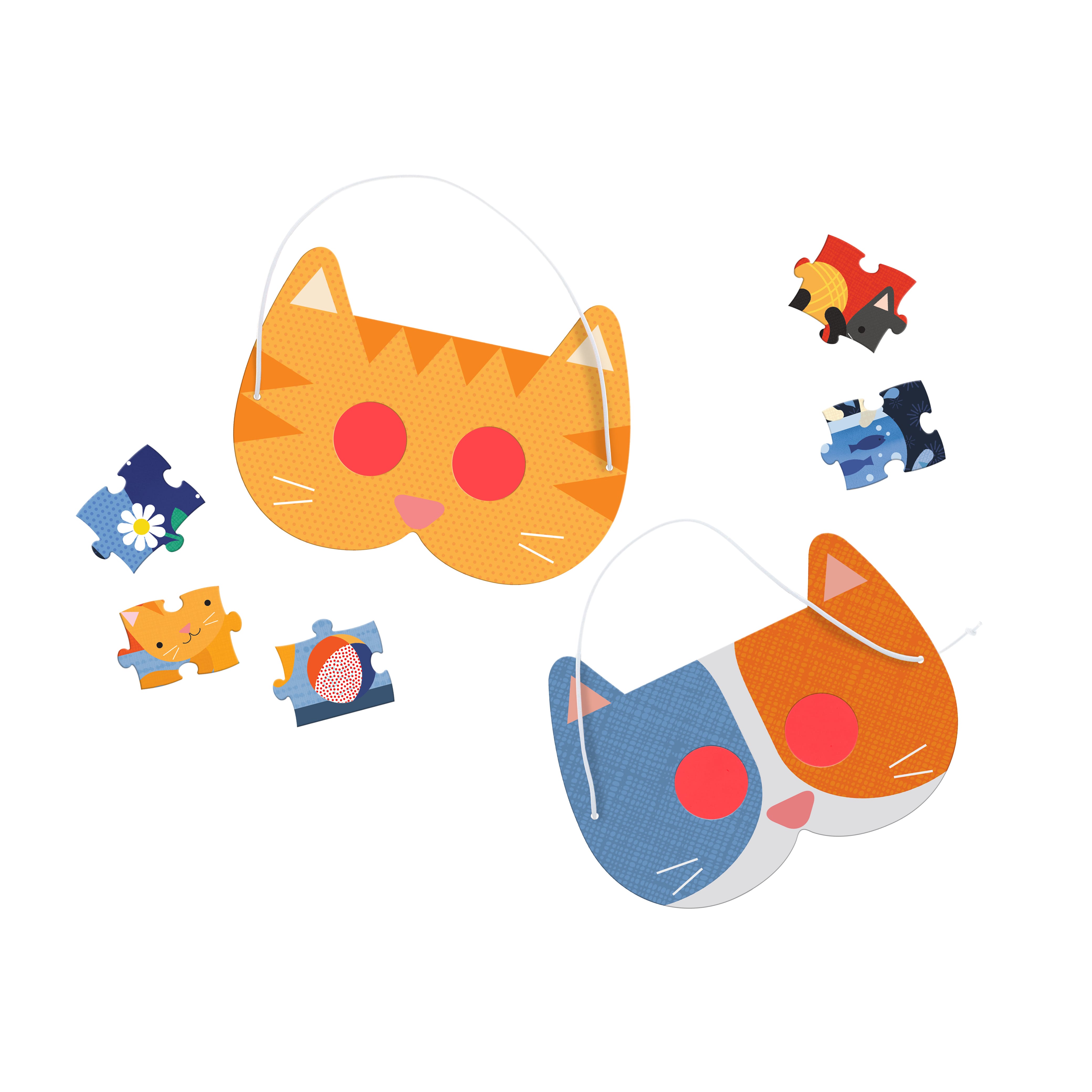 Two cat-shaped masks (one orange, one blue-and-white) from Petit Collage’s Catventures - The Sleepover: 100-Piece Decoder Puzzle are placed next to four colorful puzzle pieces on a white background.