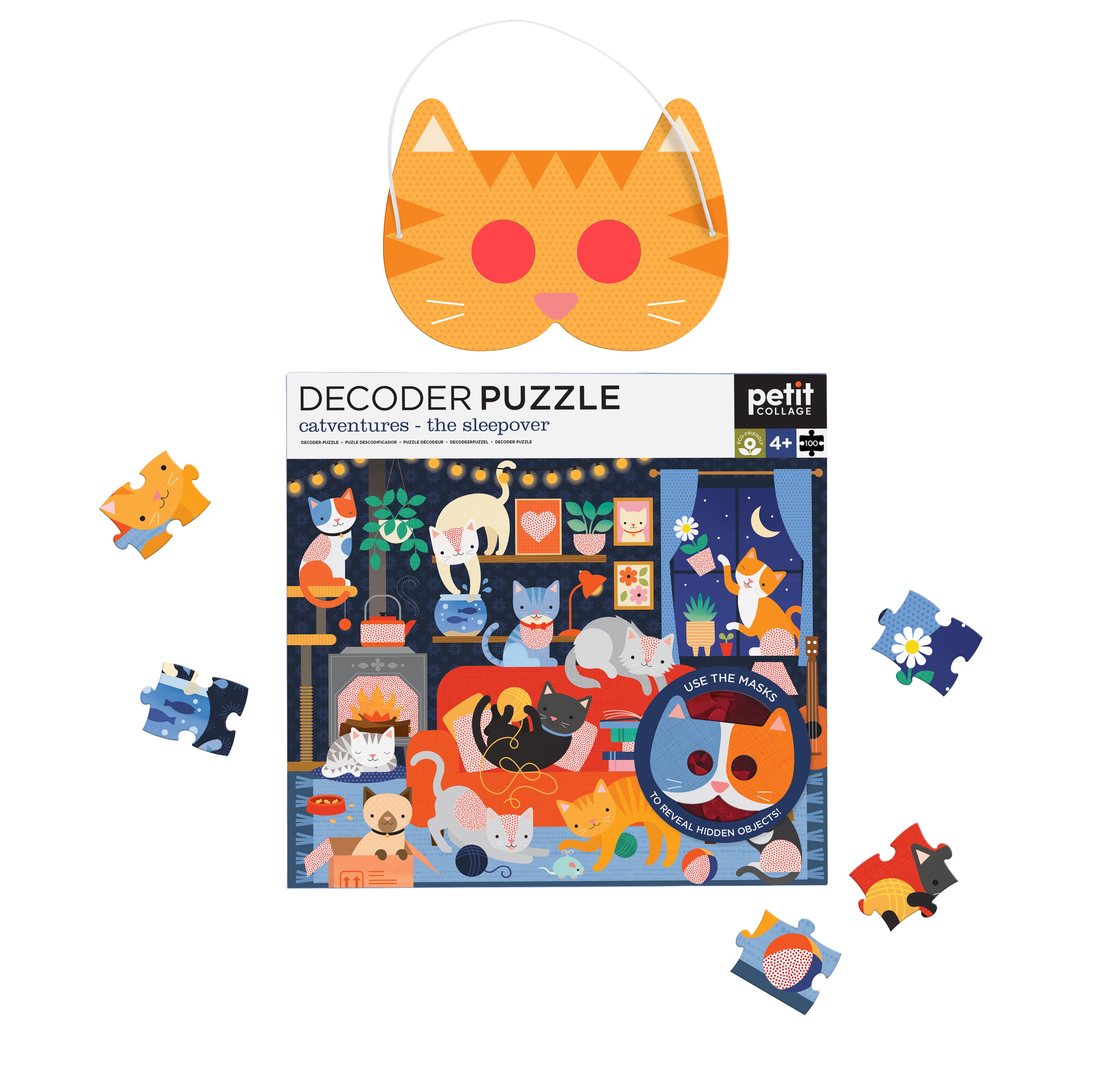 The Petit Collage Catventures - The Sleepover: 100-Piece Decoder Puzzle features cat illustrations, loose pieces, and a cat-shaped decoder mask for kids.