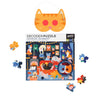 The Petit Collage Catventures - The Sleepover: 100-Piece Decoder Puzzle features cat illustrations, loose pieces, and a cat-shaped decoder mask for kids.