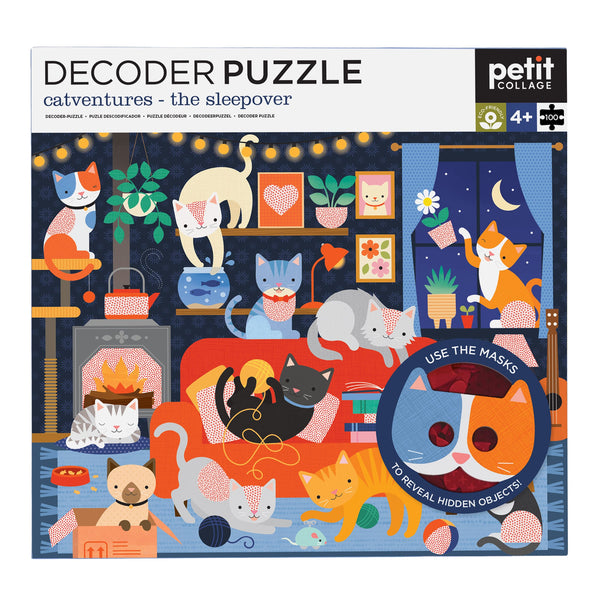Box cover of Catventures - The Sleepover: 100-Piece Decoder Puzzle by Petit Collage, featuring illustrated cats in a cozy living room and including a decoder mask.