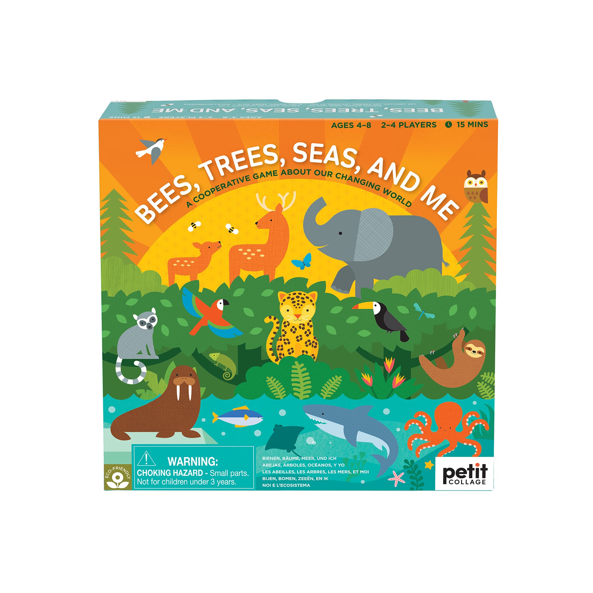 The Bees, Trees, Seas, and Me game by Petit Collage features illustrated animals like an elephant, deer, toucan, jaguar, and frog in a forest. For ages 4–8, 2–4 players; play time is 15 minutes.