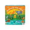 The Bees, Trees, Seas, and Me game by Petit Collage features illustrated animals like an elephant, deer, toucan, jaguar, and frog in a forest. For ages 4–8, 2–4 players; play time is 15 minutes.