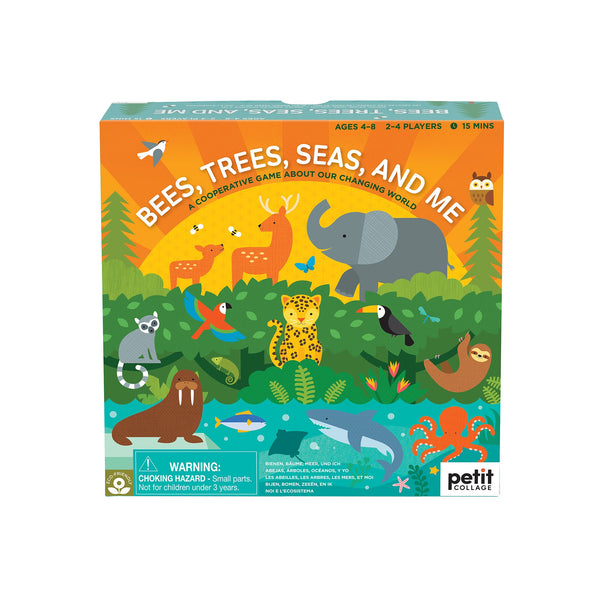 The Bees, Trees, Seas, and Me game by Petit Collage features illustrated animals like an elephant, deer, toucan, jaguar, and frog in a forest. For ages 4–8, 2–4 players; play time is 15 minutes.