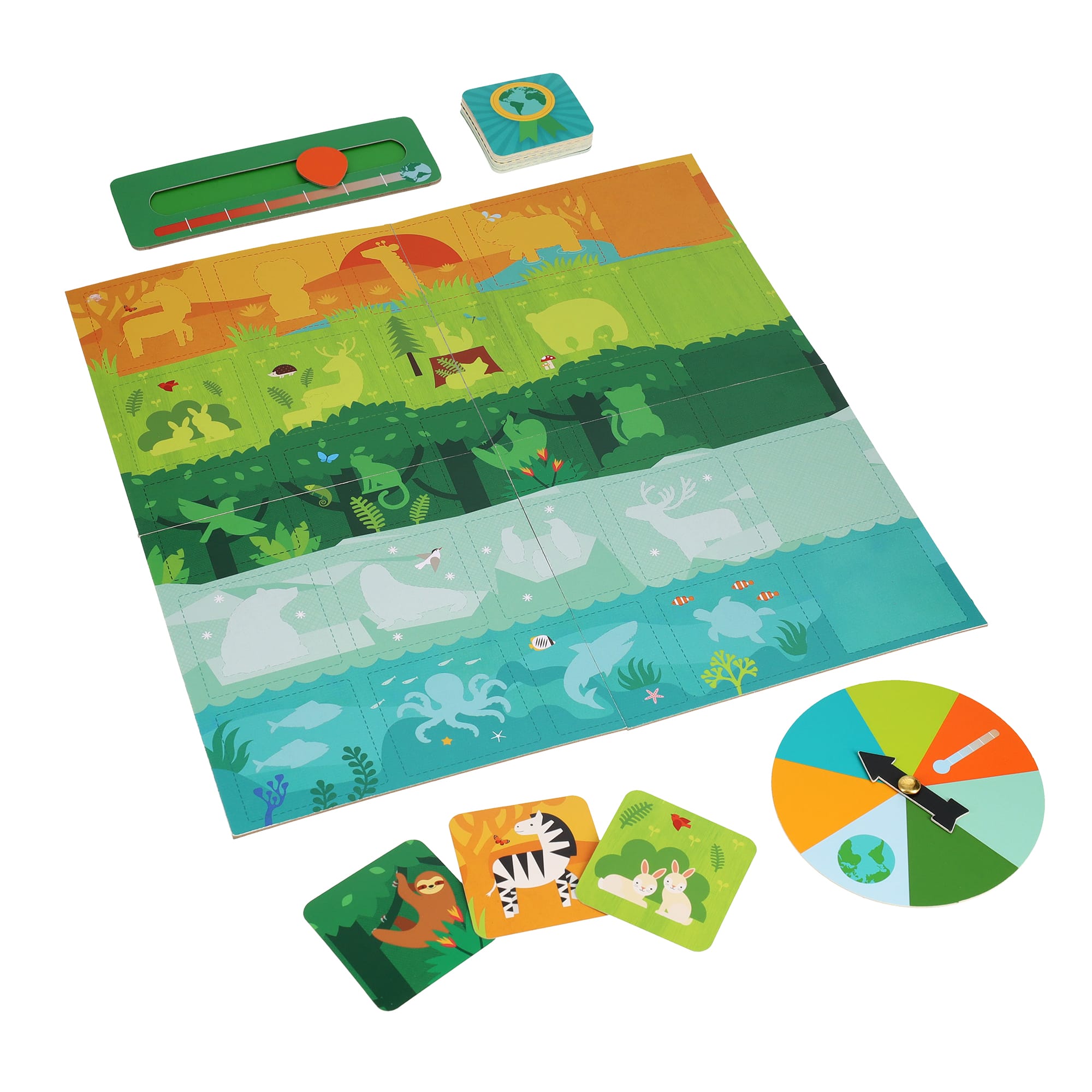 Bees, Trees, Seas, and Me by Petit Collage is a board game set with an illustrated board, animal cards, a spinner, and a slider—all themed around different animal habitats.
