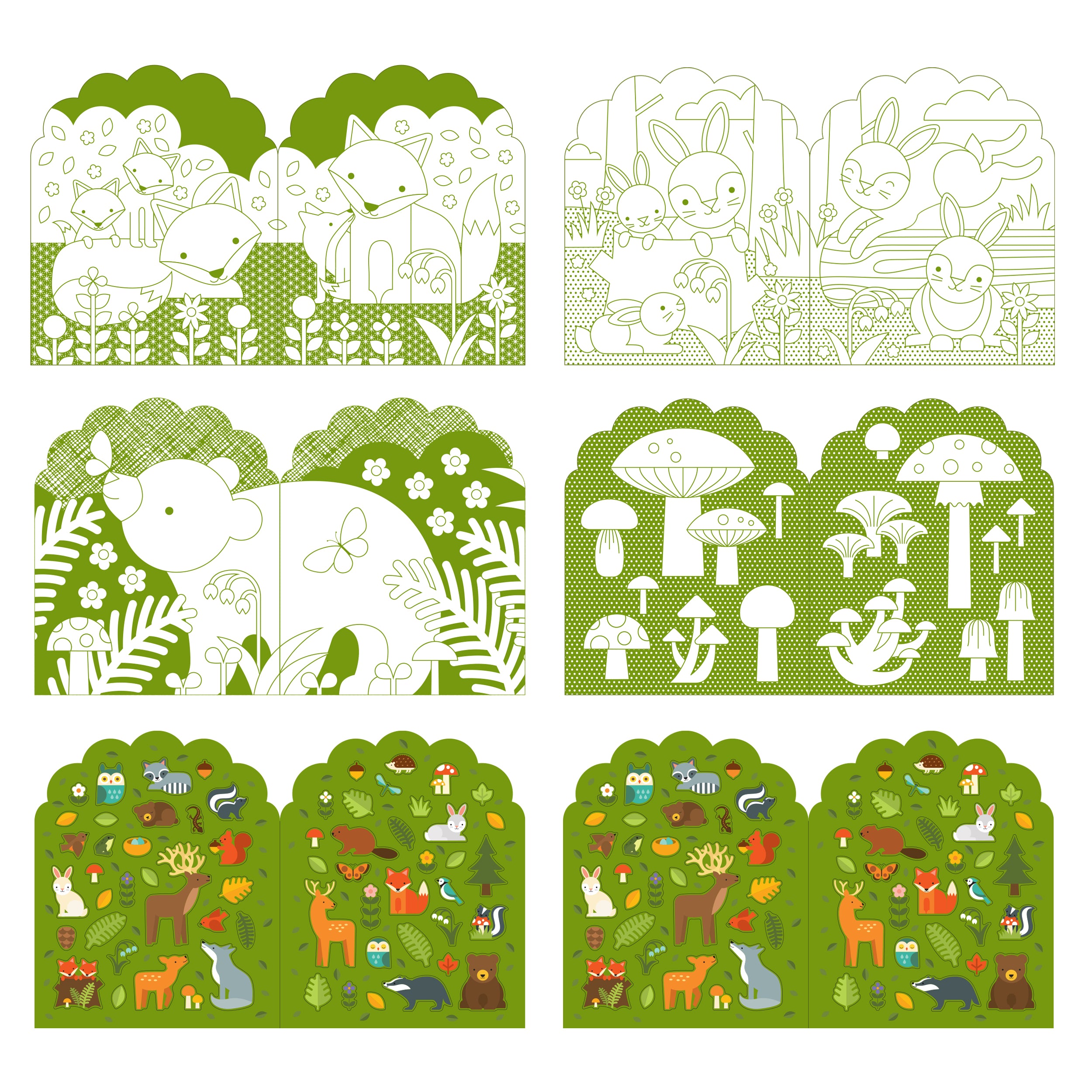 The Coloring Book with Stickers: Woodland by Petit Collage features six illustrated panels of woodland animals, plants, mushrooms, and trees in both color and line drawings.