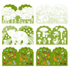 The Coloring Book with Stickers: Woodland by Petit Collage features six illustrated panels of woodland animals, plants, mushrooms, and trees in both color and line drawings.