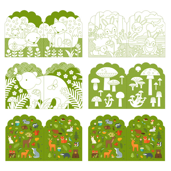 The Coloring Book with Stickers: Woodland by Petit Collage features six illustrated panels of woodland animals, plants, mushrooms, and trees in both color and line drawings.