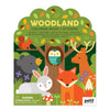 Illustrated cover of Petit Collage’s Coloring Book with Stickers: Woodland, showing fox, rabbit, bear, deer, and owl in a forest; includes small parts warning.