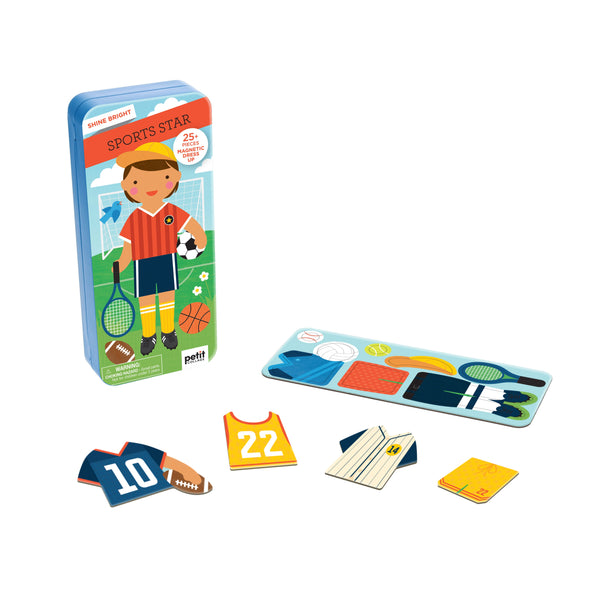The Petit Collage Shine Bright: Sports Star is a magnetic dress-up set with a sports-themed tin, mix-and-match uniforms, and a magnetic figure to dress in different sports outfits.