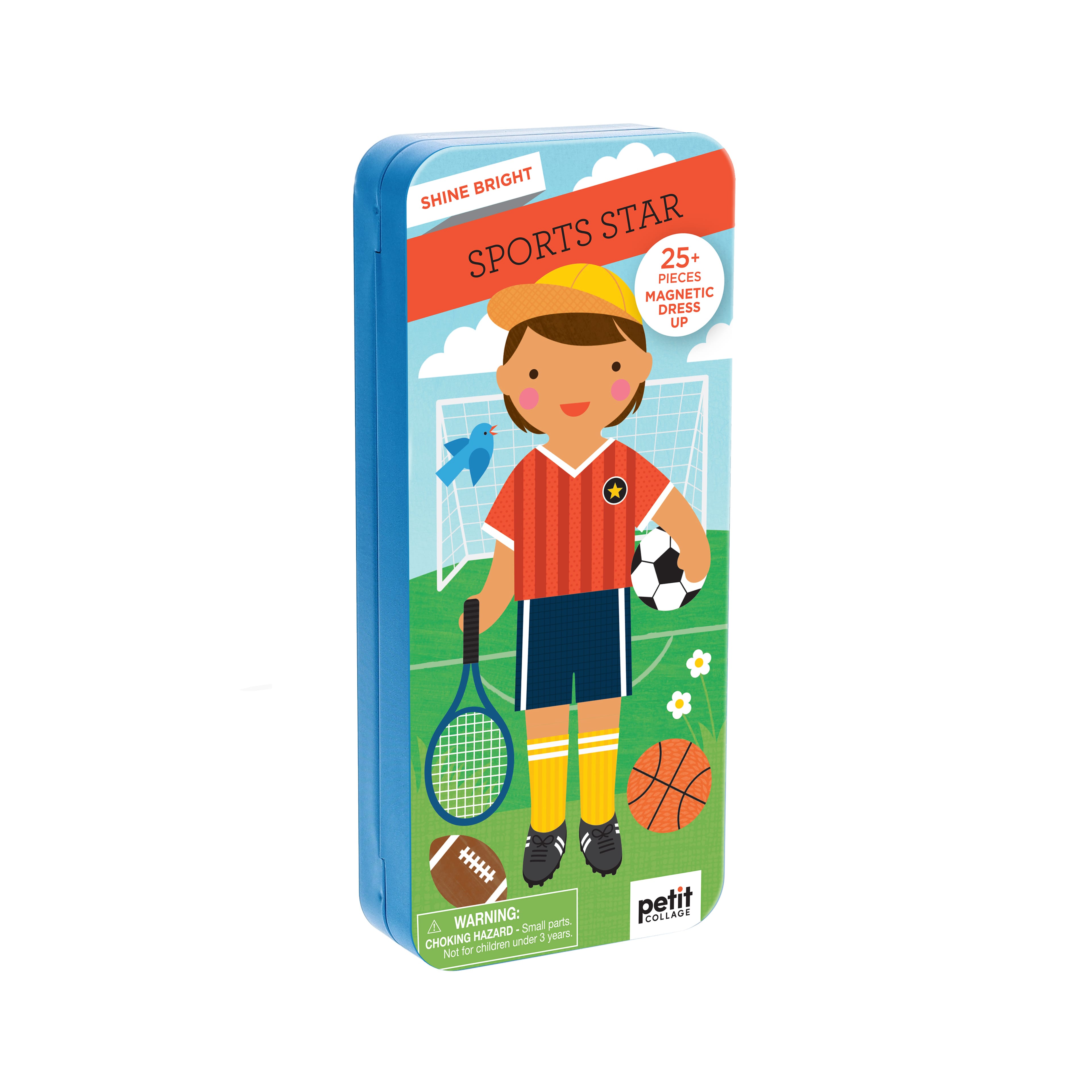 The Shine Bright: Sports Star rectangular tin by Petit Collage features a child in sports attire holding a soccer ball, with a tennis racket, basketball, and soccer net illustrated in the background.