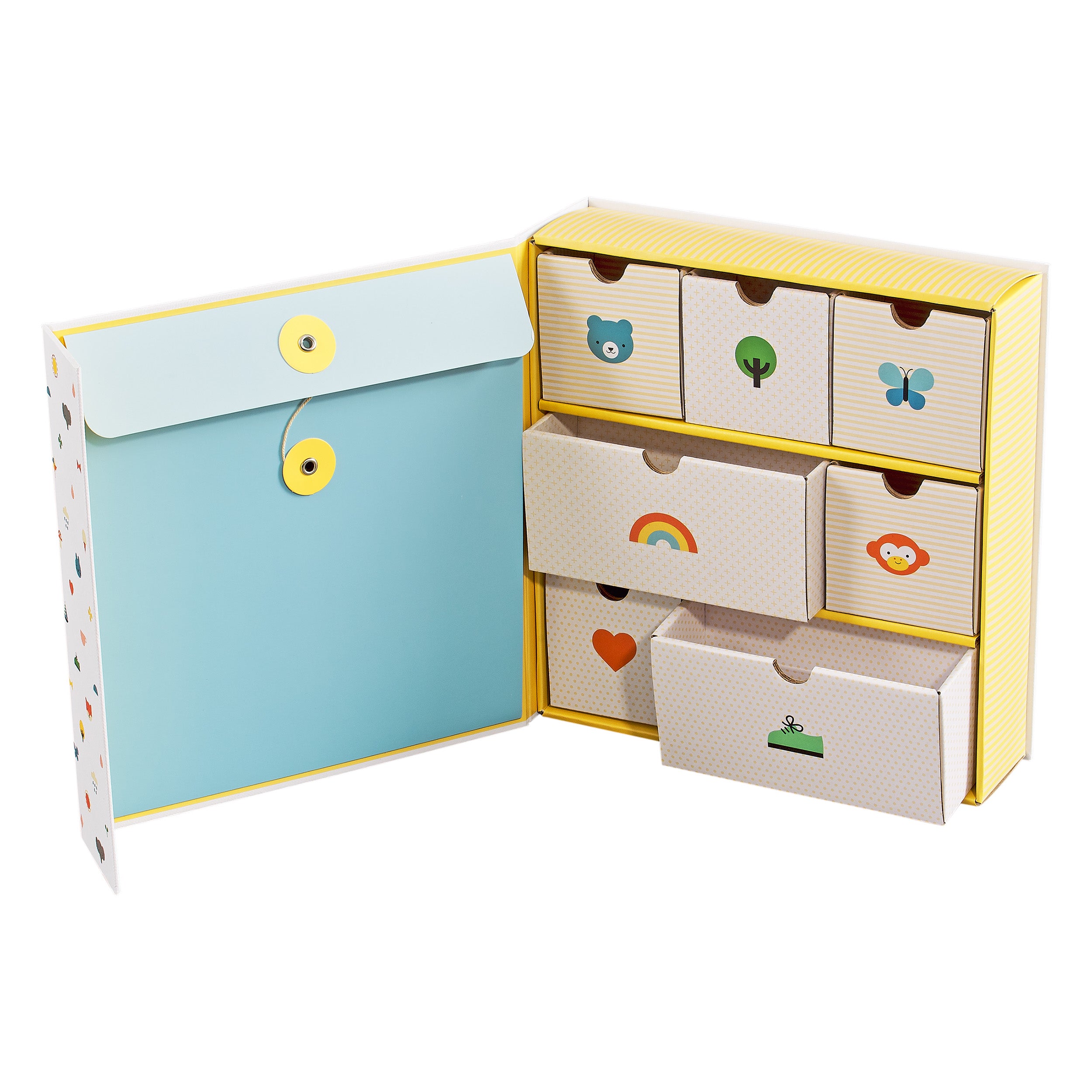 The Petit Collage Baby Memory Box features small pull-out drawers decorated with simple illustrations—bear, tree, rainbow, heart, and owl—paired with a folder secured by a button closure.