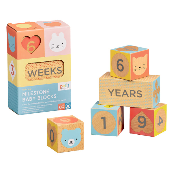 Colorful Wooden Baby Milestone Blocks by Petit Collage, featuring numbers, animals, and words, displayed beside packaging labeled Wooden Baby Milestone Blocks.
