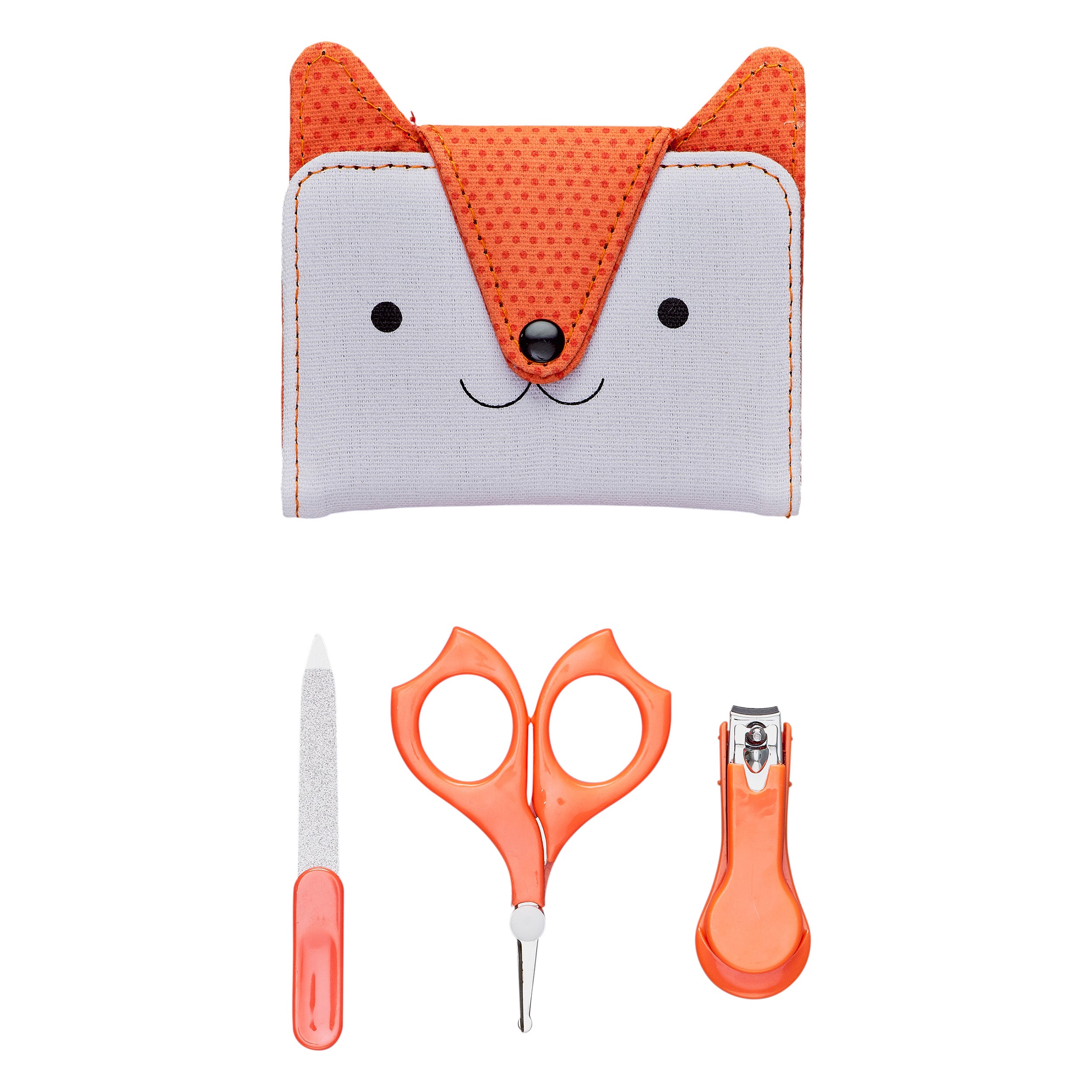 The Petit Collage Baby Manicure Kit features an orange and white fox-themed case with a nail file, small scissors, and a nail clipper arranged below it.