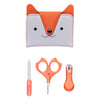 The Petit Collage Baby Manicure Kit features an orange and white fox-themed case with a nail file, small scissors, and a nail clipper arranged below it.