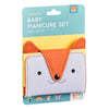The Baby Manicure Kit by Petit Collage comes in a fox-shaped case with orange, yellow, and gray colors featuring a fox face design.