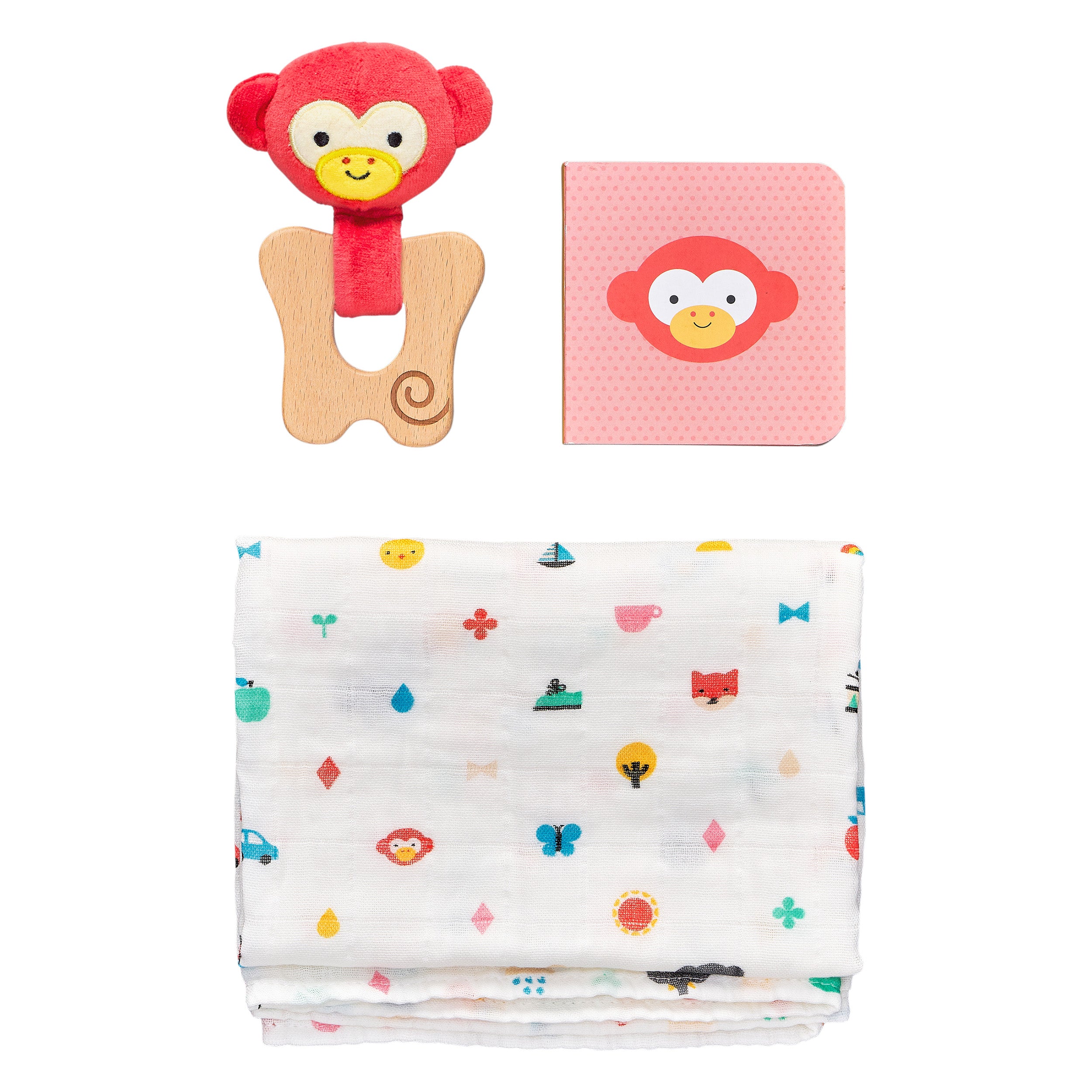 The Petit Collage Little Monkey Baby Gift Set includes a red monkey rattle, a pink board book with a monkey face, and a colorful patterned muslin cloth.
