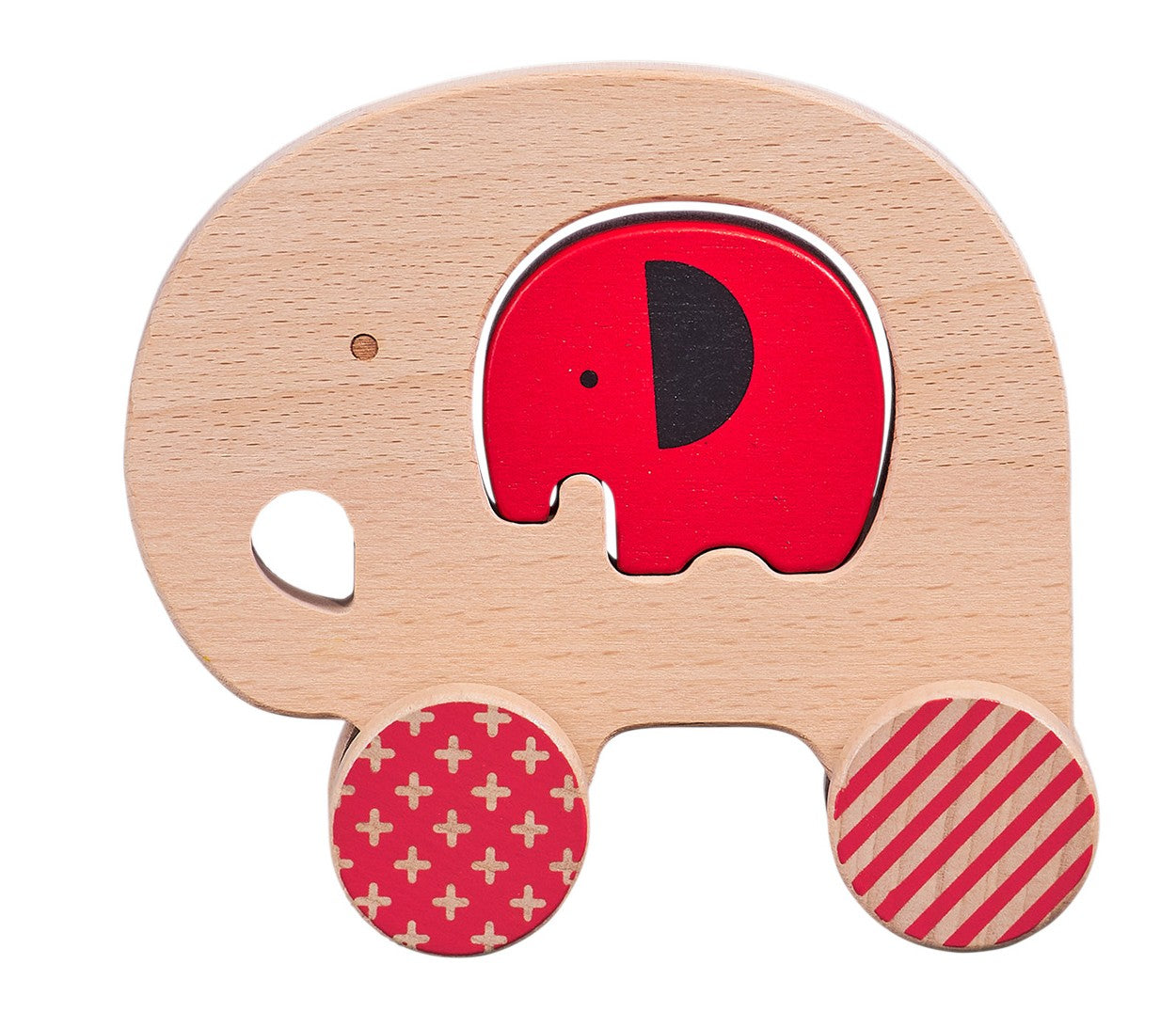 The Petit Collage Wooden Push Along Elephant Toy features a large natural-colored elephant with a removable red elephant piece and two patterned wheels.