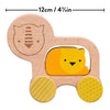 The Petit Collage Wooden Push Along Lion Toy measures 12 cm (4 ⅔ in) wide and features a yellow lion insert with two yellow-patterned wheels.