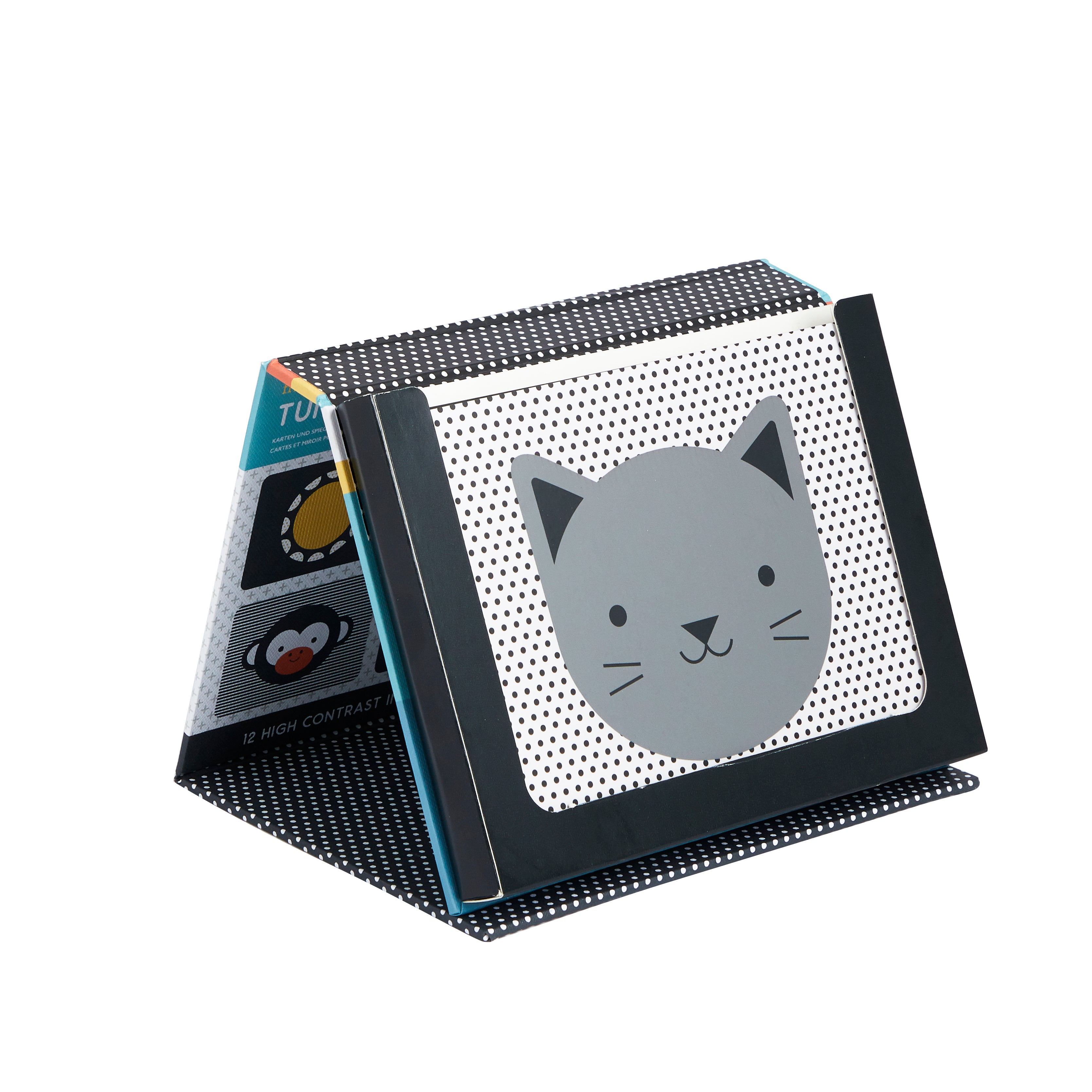 The Tummy Time Peekaboo by Petit Collage is a black and white tent-shaped baby book with a simple gray cat on the cover and other high-contrast images inside.
