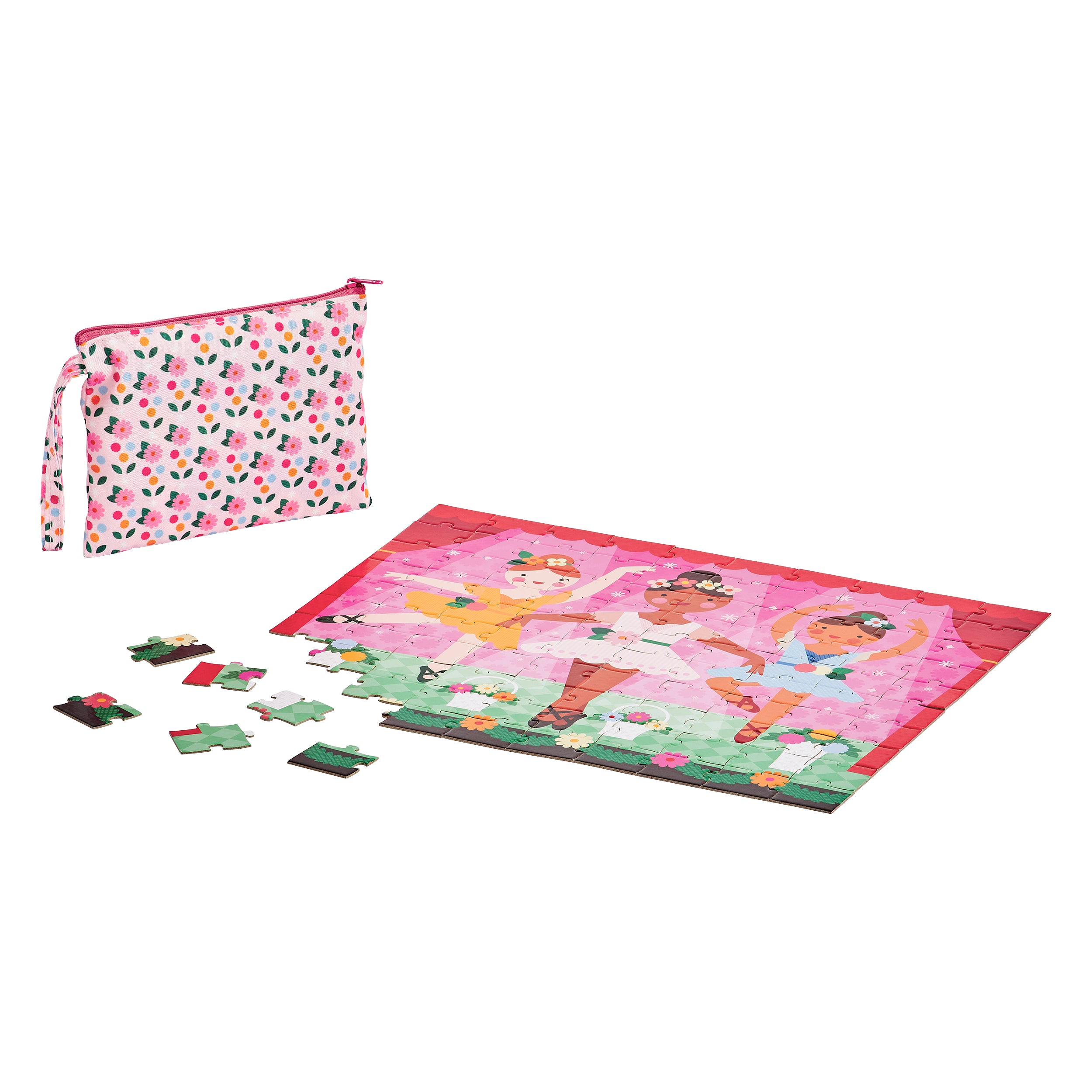 The Petit Collage Two Sided Ballerina On-The-Go Puzzle is shown completed, featuring three ballerinas with a few loose pieces beside it and a floral zippered pouch, all set against a white background.