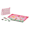 The Petit Collage Two Sided Ballerina On-The-Go Puzzle is shown completed, featuring three ballerinas with a few loose pieces beside it and a floral zippered pouch, all set against a white background.