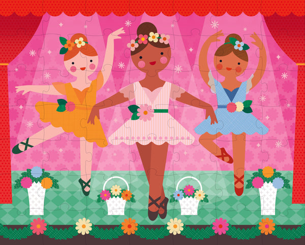 Three young ballerinas in colorful dresses and flower crowns pose on stage with baskets of flowers, just like the dancers featured on the Petit Collage Two Sided Ballerina On-The-Go Puzzle.